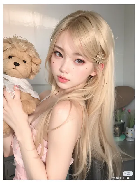 Mujer rubia, ulzzang, con cabello largo y rubio, corte Hime, Un melocoton jugoso similar al humano, Capturado con Canon EOS R 6, Jinyoung Shin, Sha Xi, pale fair skin!!, tumblr, Taejune Kim, cereza, pose con un peluche de conejito gris, facial feminization...