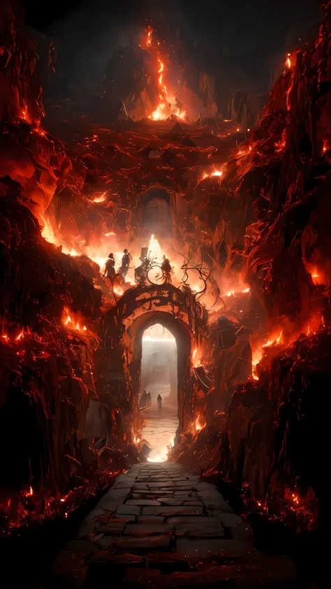 um homem caminhando por uma caverna escura com um fogo ao fundo, a porta do inferno, as portas do inferno, porta para o inferno,...