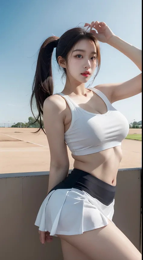 20-year-old Korean girl, Korean idol style,Masterpiece, Best Quality, Photorealistic, Raw foto, 1_girls,The middle_pony-tail,medium_pectorals,Sexy Pose,naked,Undressed,Nippel,Tennis skirt,Detailed skins, pore, Low Key, Green lawn,Real hands,diffusion_legge...