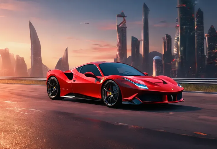 (Best quality, 8k, Masterpiece :1.2), hyper realistic, cyberpunk, at a mountain, an detailed red Ferrari 488, Speeding on the highway, (Facing the audience), The blue skyscraper in the background, at night,