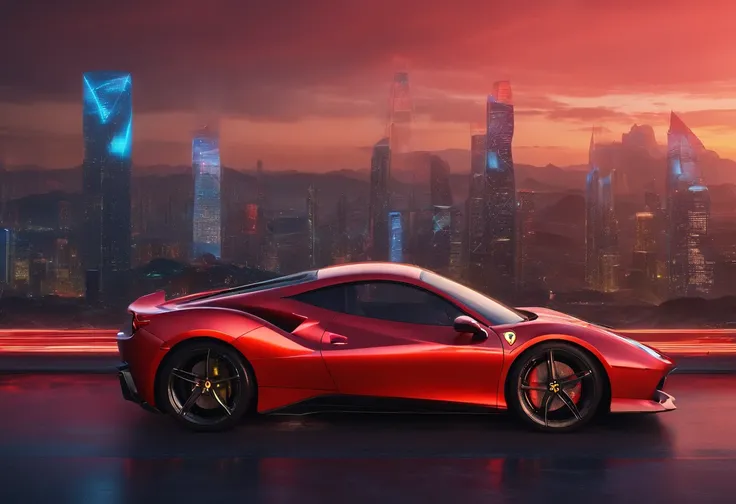 (Best quality, 8k, Masterpiece :1.2), hyper realistic, cyberpunk, at a mountain, an detailed red Ferrari 488, Speeding on the highway, (Facing the audience), The blue skyscraper in the background, at night,