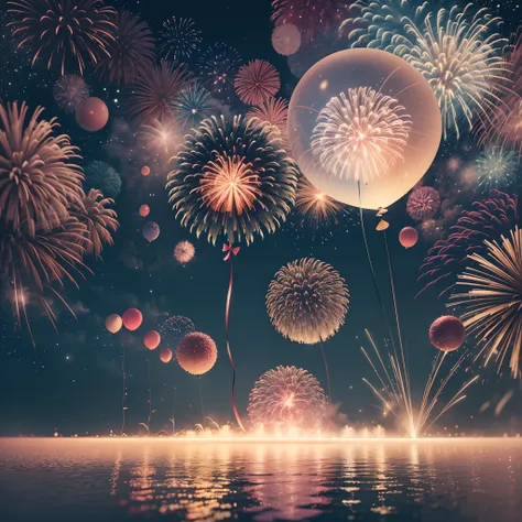 2024 New Years atmosphere pictures, color fireworks and balloons, soft and bright light, front perspective, no characters, presented with surreal photography style, large white cotton, frequent use of bright background, minimalist style, SudersanPatnaik vi...