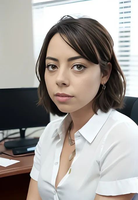 masterpiece, lifelike upper body image of AubreyPlaza, wearing a white blouse, photo realistic, highly detailed, arms folded, detailed face, resting bitch face, dramatic lighting, detailed eyes, sitting behind desk