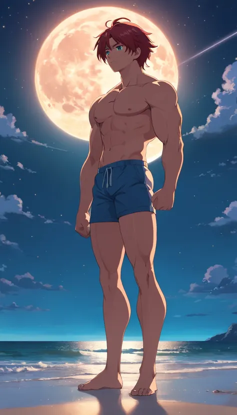 Draw a young bodybuilder of 300 lbs, muscular, god anathomy, handsome red hair green eyes and tan skin. Pecs, abs, biceps, bulge, ((genital outline)) Standing in the beach under the starry sky, he is wearing a red posing thonge (( Dramatic lighting from st...