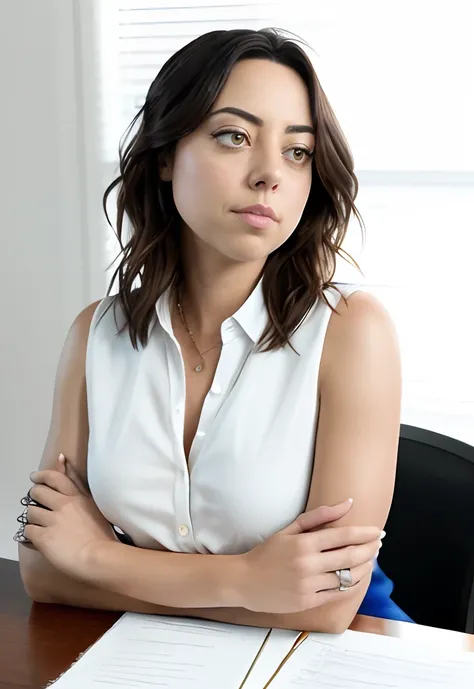 masterpiece, lifelike upper body image of AubreyPlaza, wearing a white blouse, photo realistic, highly detailed, arms folded, detailed face, resting bitch face, dramatic lighting, detailed eyes, sitting behind desk