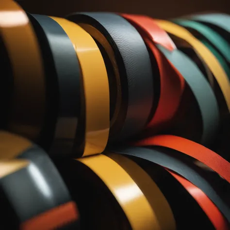 an extreme closeup shot：Delicate colored tape，Several rolls of tape are neatly stacked on top of each other，Not the same color，There are graphic words on the tape，Depth of field 1.8，sun light