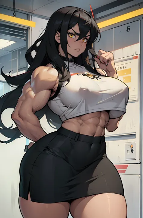 ((1 girl)) ((((muscular)))), ((huge tits)) ((thick thighs)) ((wide hips)) ((toned body)) ((curvy)) (thick thighs)) (pale skin) black hair very long hair yellow eyes angry (stocking pencil skirt crop top)