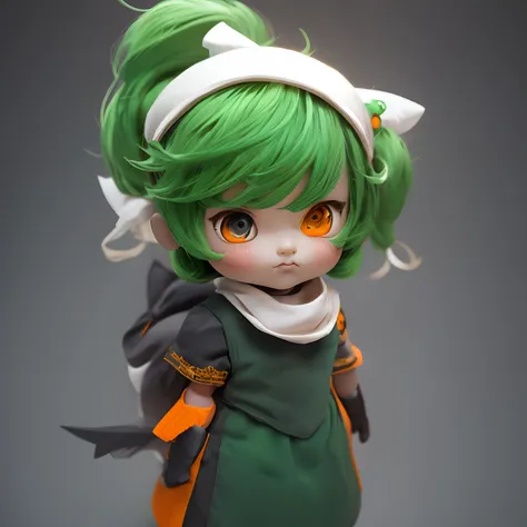 Doll doll design，Doll doll with navel orange on his head，Cute doll，largeeyes，Green hair，multi-perspective，Orange body，Meat toot，True light and shadow tracking，hyper-high detail，real rendering