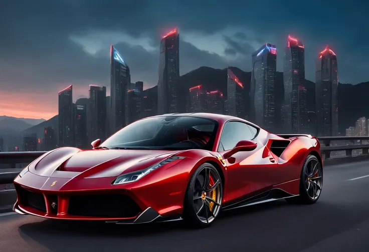 (Best quality, 8k, Masterpiece :1.2), hyper realistic, cyberpunk, at a mountain, an detailed red Ferrari 488, Speeding on the highway, (Facing the audience), The blue skyscraper in the background, at night,