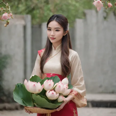 image of girl wearing ao dai holding a bunch of lotus flowers, cute and beautiful, high resolution photo, sharpness, face with coins, long hair, wearing a conical hat, welcoming guests, provocative and sexy pose , whole body