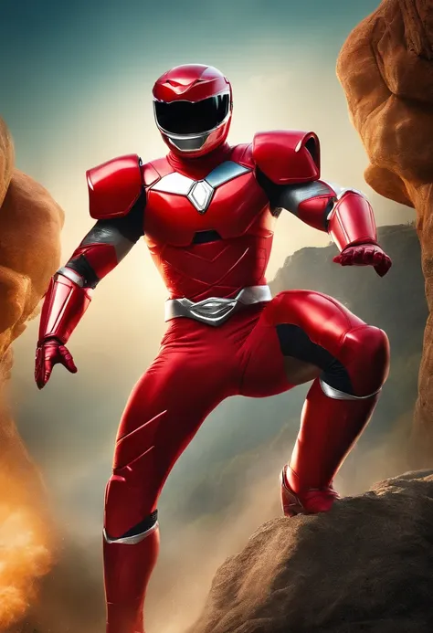 (best qualityer,4K,8K,A high resolution,tmasterpiece:1.2),ultra - detailed,(realisticlying,Fotor is realistic,Fotor is realistic:1.37), a poster movie about Red Power Ranger, disney-pixar style, Title "Ranger Merah"