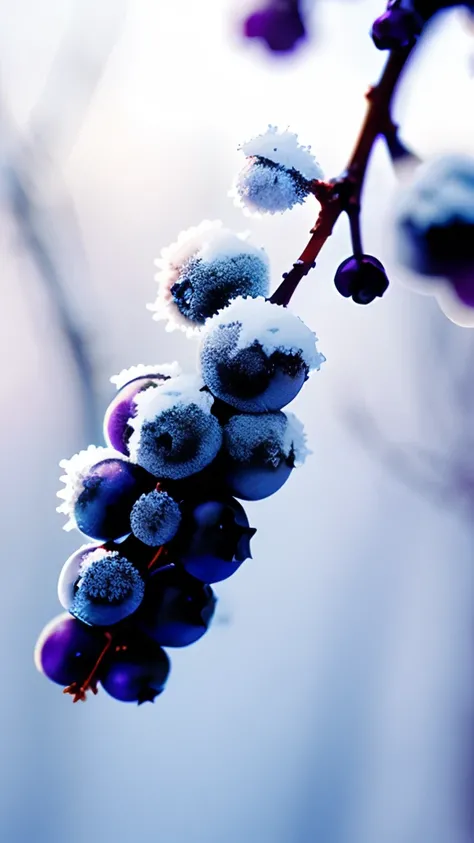 On the frozen branches grow purple blueberries，There is frost on the blueberries，Early winter weather，Blur hazy background，first person perspective