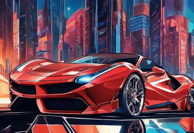 (Best quality, 8k, Masterpiece :1.2), hyper realistic, cyberpunk, at a mountain, an detailed red Ferrari 488, Speeding on the highway, (Facing the audience), The blue skyscraper in the background, at night,