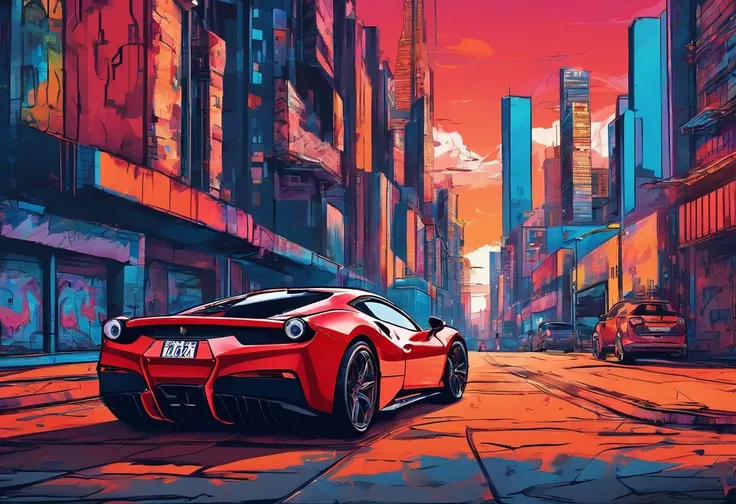 (Best quality, 8k, Masterpiece :1.2), hyper realistic, cyberpunk, at a mountain, an detailed red Ferrari 488, Speeding on the highway, (Facing the audience), The blue skyscraper in the background, at night,