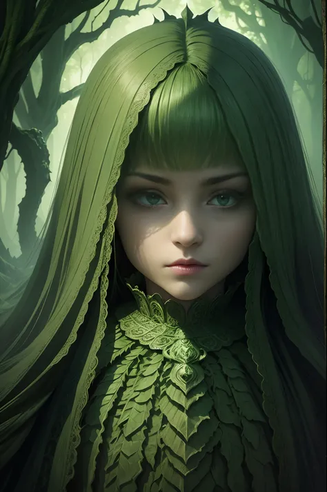 A green creature looks over a girl looking on, in the style of necronomicon illustrations, grandeur of scale, 32k uhd, gigantic scale, d& d, made of vines, oil portraitures —ar 85:128 —v 5.2