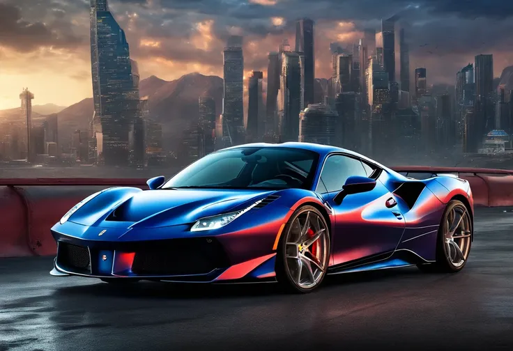 (Best quality, 8k, Masterpiece :1.2), hyper realistic, cyberpunk, at a mountain, an detailed red Ferrari 488, Speeding on the highway, (Facing the audience), The blue skyscraper in the background, at night,