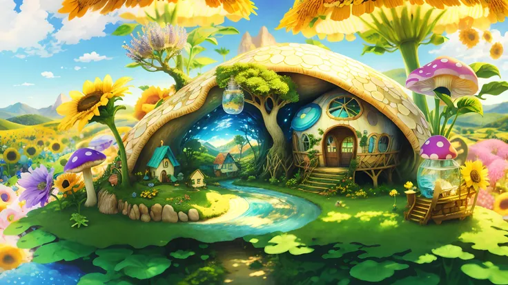 World in a bottle，A fairyland-like hideaway，Colorful mushroom house，a fairy world，summer day，beachside，rios，tree house，Sunflower fields，lavender，mountain ranges，mountain peaks，big trees，