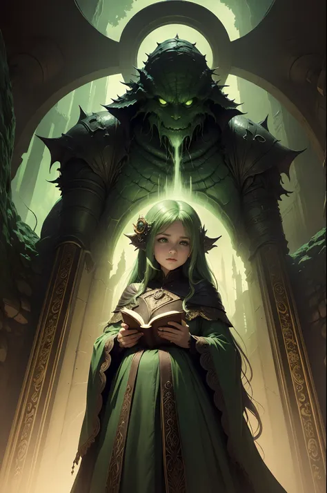 A green creature looks at a girl, watching the, in Necronomicon illustration style, Grandeur of scale, 32K UHD, Gigantic scale, D& D, From the grapevine, portrai, oil painting —AR 85:128 —V 5.2