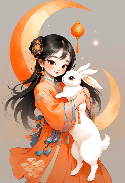 a young beautiful asian girl holding a cute rabbit，behind him there is a decorated moon， light silver and orange, vividly depict...