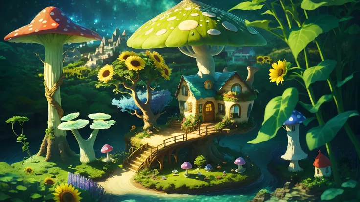 World in a bottle，A fairyland-like hideaway，Colorful mushroom house，a fairy world，summer day，beachside，rios，tree house，Sunflower fields，lavender，mountain ranges，mountain peaks，big trees，