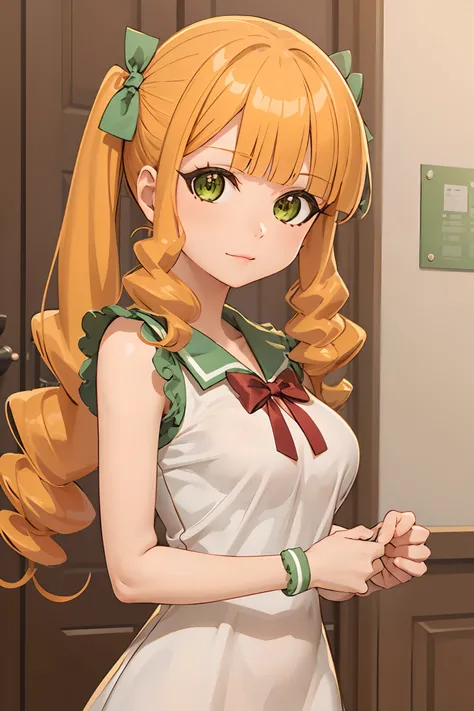 POMPONETTE, green eyes, long hair, hair bow, twintail, hair drill, orange hair, white dress, bow, 1girl, solo, upper body, large breasts, 5 fingers, detailed face, detailed eyes, detailed hair