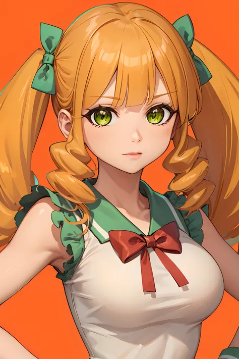 POMPONETTE, green eyes, long hair, hair bow, twintail, hair drill, orange hair, white dress, bow, 1girl, solo, upper body, large breasts, 5 fingers, detailed face, detailed eyes, detailed hair