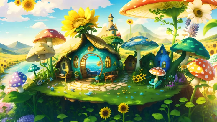 World in a bottle，A fairyland-like hideaway，Colorful mushroom house，a fairy world，summer day，beachside，rios，tree house，Sunflower fields，lavender，mountain ranges，mountain peaks，big trees，