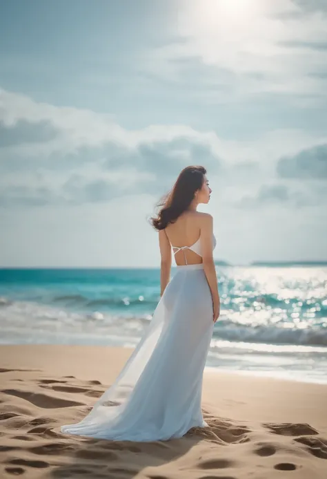 Korean woman with beautiful shape of rounded waist and perfect back on the beach is looking at camera