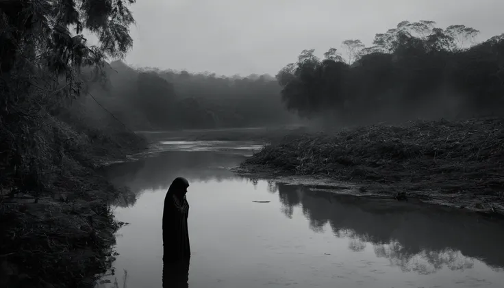 photo taken by Leica 0-series camera, Malay woman wearing hijab, bathing in the river, naked