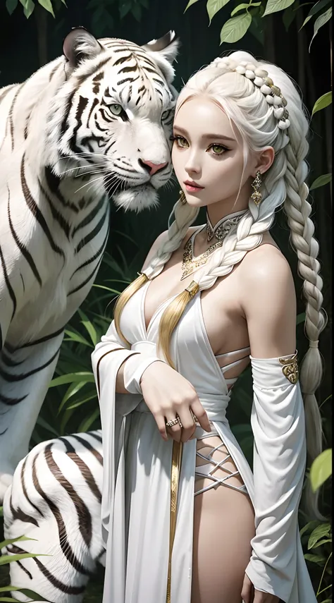 She is a white tiger beastman, so her skin is white and very beautiful、Wearing a white flashy costume、I wear a lot of accessories、Yellow eyes、White tiger print hair、Braids、Queen of the White Tiger Beastman Tribe、