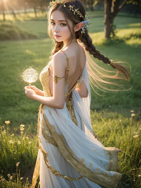 A graceful elf girl stands in a meadow, her delicate features illuminated by the soft light of the setting sun. Her long, flowing hair cascades down her back, adorned with intricate braids and adorned with sparkling jewels. This stunning painting captures ...