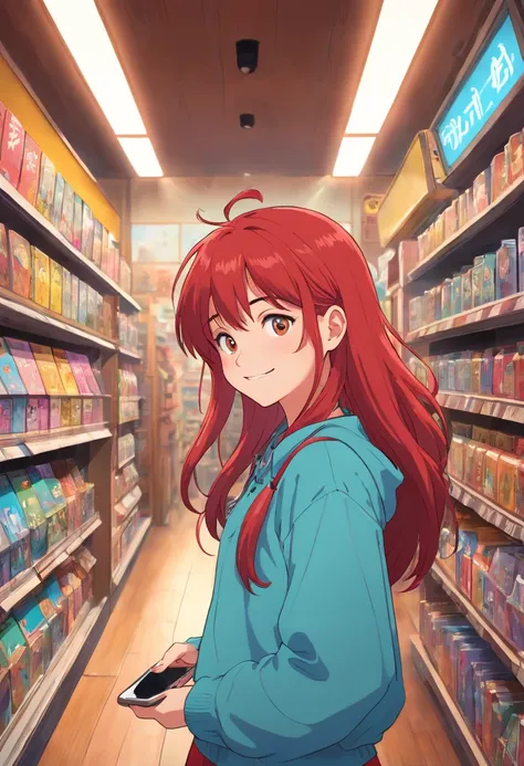 13 year old girl, Long, and red hair, With a depraved face, Wear 80s clothes, She is inside a vinyl store, A smile, Smartphone, (I have a smartphone)