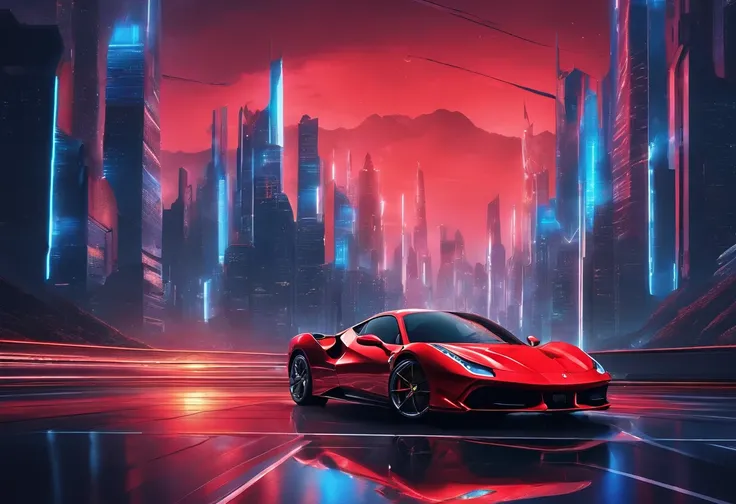 (Best quality, 8k, Masterpiece :1.2), hyper realistic, at a mountain, an detailed red Ferrari 488, Speeding on the highway, (Facing the audience), The blue skyscraper in the background, at night,