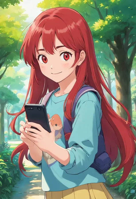 13 year old girl, long, and red hair, With a depraved face, Wear 80s clothes, shes in the park, A smile, Smartphone, (I have a smartphone)