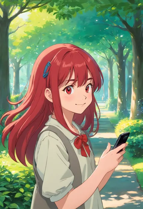 13 year old girl, long, and red hair, With a depraved face, Wear 80s clothes, shes in the park, A smile, Smartphone, (I have a smartphone)