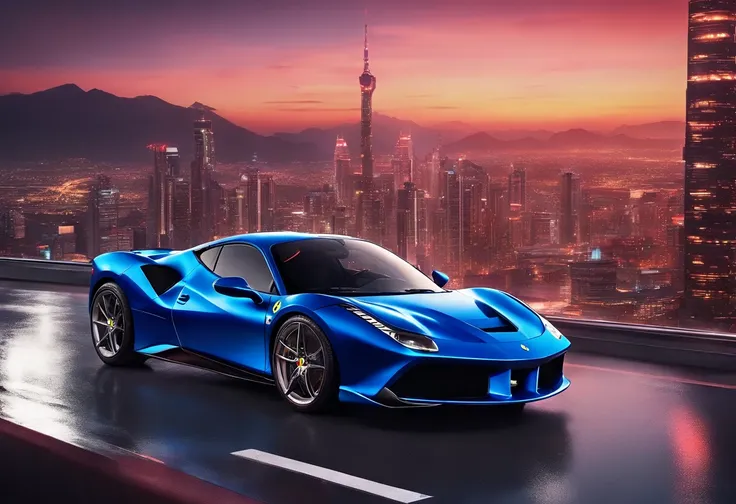 (Best quality, 8k, Masterpiece :1.2), hyper realistic, at a mountain, an detailed red Ferrari 488, Speeding on the highway, (Facing the audience), The blue skyscraper in the background, at night,