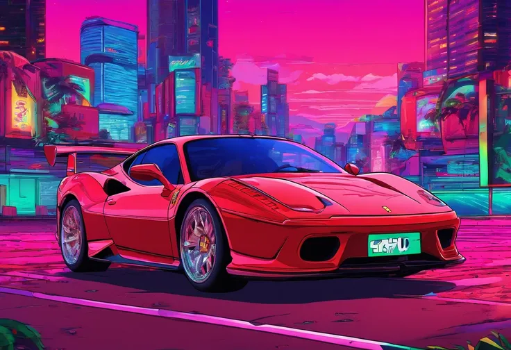 (Best quality, 8k, Masterpiece :1.2), hyper realistic, at a mountain, an detailed red Ferrari 488, Speeding on the highway, (Facing the audience), The blue skyscraper in the background, at night,