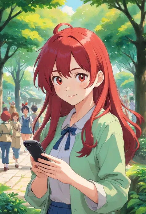 18 year old girl, long, and red hair, With a depraved face, Wear 80s clothes, shes in the park, A smile, Smartphone, (I have a smartphone)