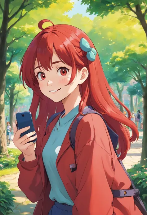 18 year old girl, long, and red hair, With a depraved face, Wear 80s clothes, shes in the park, A smile, Smartphone, (I have a smartphone)