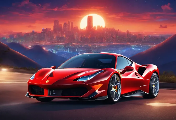 (Best quality, 8k, Masterpiece :1.2), hyper realistic, at a mountain, an detailed red Ferrari 488, Speeding on the highway, (Facing the audience), The blue skyscraper in the background, at night,