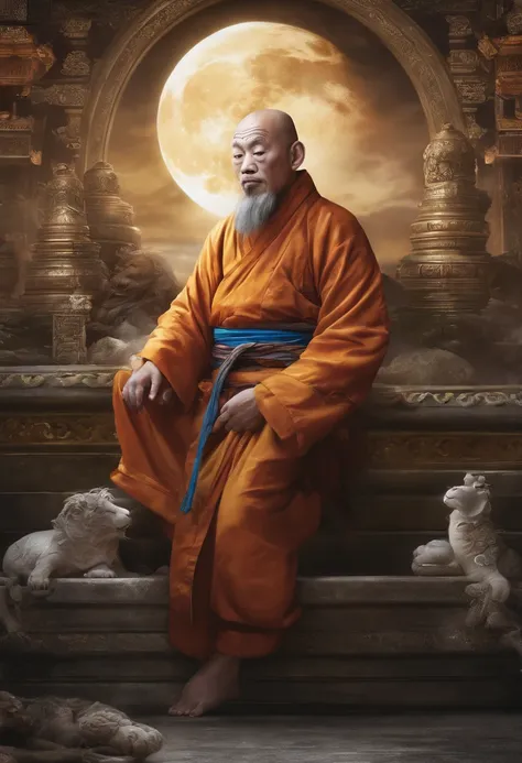 Chinese monk,lion, Divine light, Chinese to pray to heaven, In front of beauty, The moon rises, One hand forward, Relationship with the Buddha Lord, Photo portrait,8K surrealism。