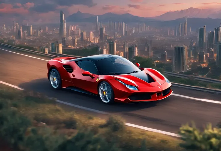 (Best quality, 8k, Masterpiece :1.2), hyper realistic, at a mountain, an detailed red Ferrari 488, Speeding on the highway, (Facing the audience), The blue skyscraper in the background, at night,