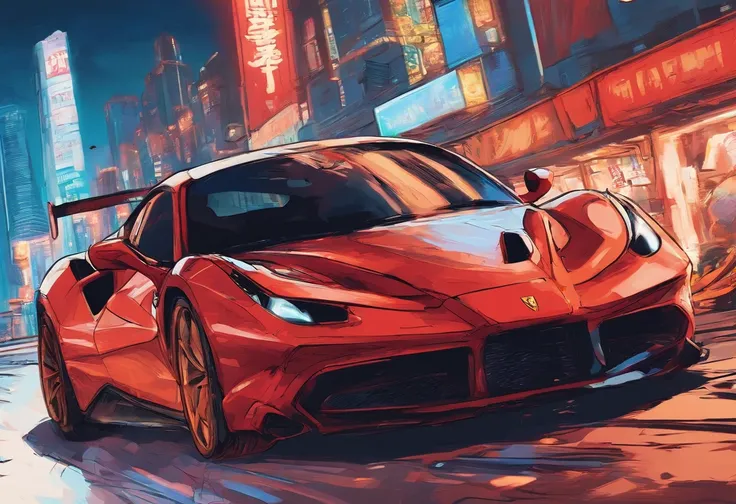 (Best quality, 8k, Masterpiece :1.2), hyper realistic, at a mountain, an detailed red Ferrari 488, Speeding on the highway, (Facing the audience), The blue skyscraper in the background, at night,