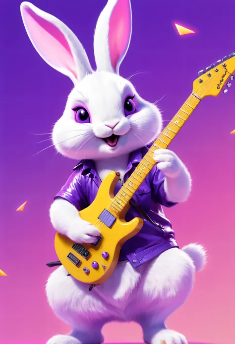 Kawaiis rabbit, In the Frey style, plays the guitar, Cool, Cute, Colorful, Shiny tail, Fantastic character, fang lijun, Light amber and purple, blur art, Pink background