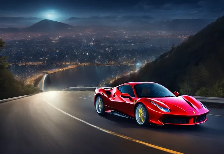 (Best quality, 8k, Masterpiece :1.2), hyper realistic, at a mountain, an detailed red Ferrari 488, Speeding on the highway, (Facing the audience), The blue skyscraper in the background, at night,