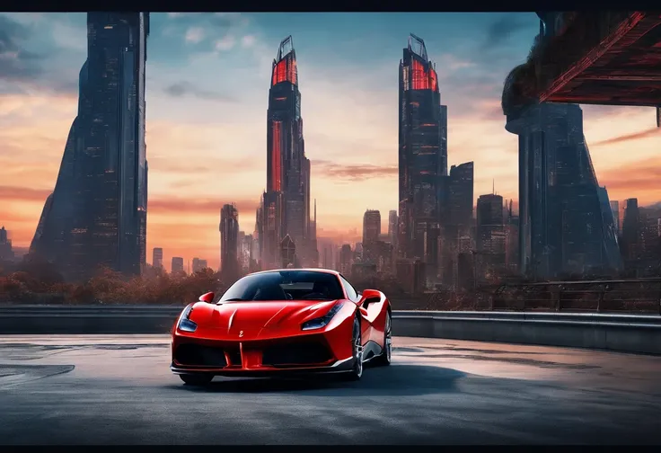 (Best quality, 8k, Masterpiece :1.2), hyper realistic, at a mountain, an detailed red Ferrari 488, Speeding on the highway, (Facing the audience), The blue skyscraper in the background, at night,