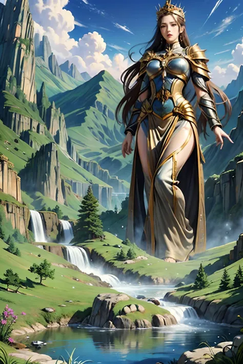 "(masutepiece, of the highest quality: 1.2), official art, goddess of the earth, towering over mountains and rivers, holding the...