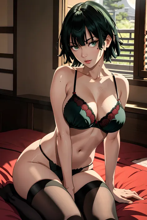 1 fubuki, kimono, an lingerie, nature, japan environment, breast, open armpits, sitting, japanese bedroom, black hair, night lig...