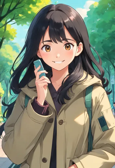 20-year-old woman, long, and black hair, With a depraved face, Wear a khaki coat, shes in the park, A smile, Smartphone, (I have a smartphone)