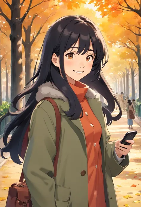 20-year-old woman, long, and black hair, With a depraved face, Wear a khaki coat, shes in the park, A smile, Smartphone, (I have a smartphone)